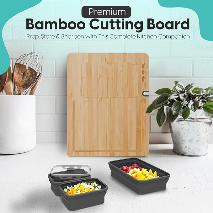 Bamboo Cutting Board Set with Knife Sharpener – Thick Wood Boards with Juice Groove, Silicone Container & Handles Non-Toxic Over Sink Design Ideal Kitchen Gifts
