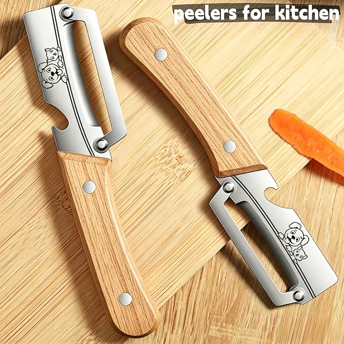 Maxjoy Multifunctional Vegetable Peeler, Zero Flex & Zero Snag, Stainless Steel with Wooden Handle, 2 in 1 Peeler with Bottle Opener for Potato Apple Carrot Fruit