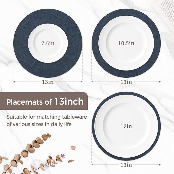 13" Round Placemats Set of 12, Reversible Faux Leather Heat Resistant Table Mats, 100% Waterproof Oilproof Wipeable Table Protective Placemats for Vinyl, Washable for Indoor (12, Navy Blue)