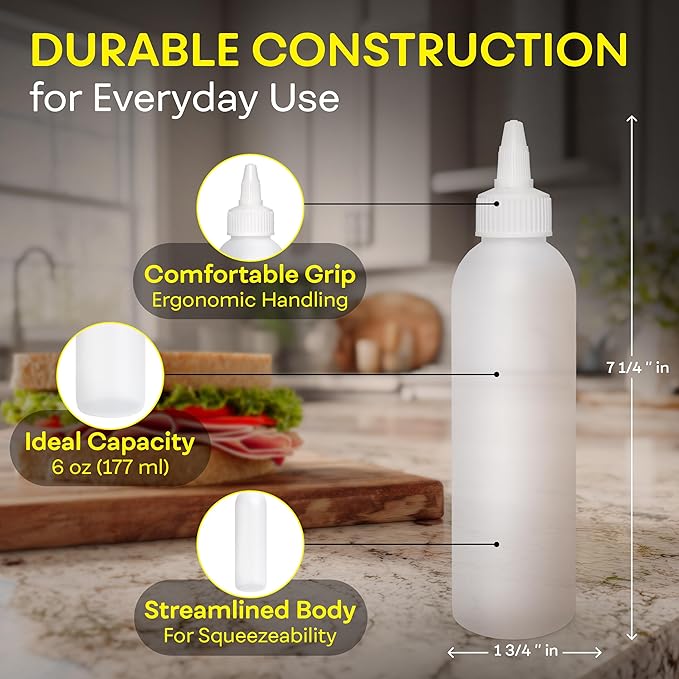 BRIGHTFROM Condiment Squeeze Bottles, 6 OZ Empty Squirt Bottle, Leak Proof - Great for Ketchup, Mustard, Syrup, Sauces, Dressing, Oil, Arts & Crafts, BPA FREE Plastic - 2 PACK (Twist Top)