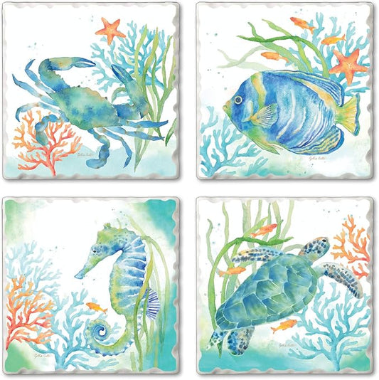 Thirstystone Sea Life Serenade 4 Pack Assorted Tumbled Tile Stone Coasters with Protective Cork Backing Manufactured in The USA Absorbent Easily Wipes Clean