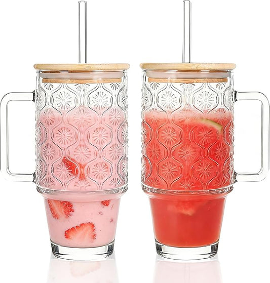 24oz Glass Tumbler with Lids and Straws Handle Iced Coffee Glass Cup with Wood Lid Vintage Begnoia Drinking Glassware Set of 2 for Match Juice Smoothie Tea
