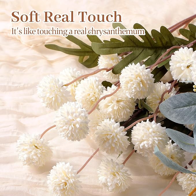 Alupssuc 16PCS Faux Silk Pompon Mums Artificial Flowers with Eucalyptus, Fake Chrysanthemum Floral for DIY Vase Arrangement, Long Stem Dining Table Centerpiece Home Decor, White