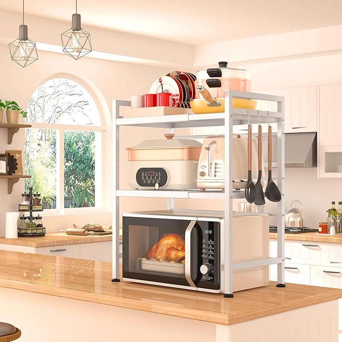 PUSDON Microwave Oven Rack, Adjustable Shelf Organizer 3-Tiers with 3 Hooks, & 160lbs Capacity for Kitchen Counter, White