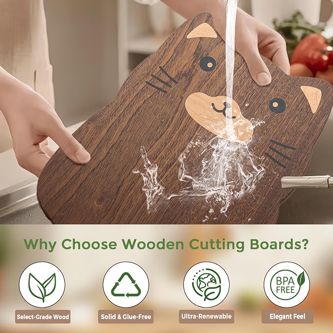 Animal Shaped Cutting Board, Decorative Hardwood Chopping Block for Kitchen Wall Hanging, Wooden (Kitten, 13"L x 10"W)