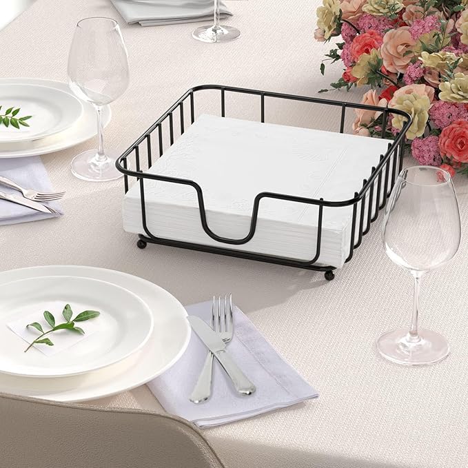Napkin Holder for Table, Napkin Holders for Paper Napkins, Flat Metal Black Napkin Holders for Kitchen & Dining Table, 6.9" x 6.9" x 2.2" Inside Size (Black)
