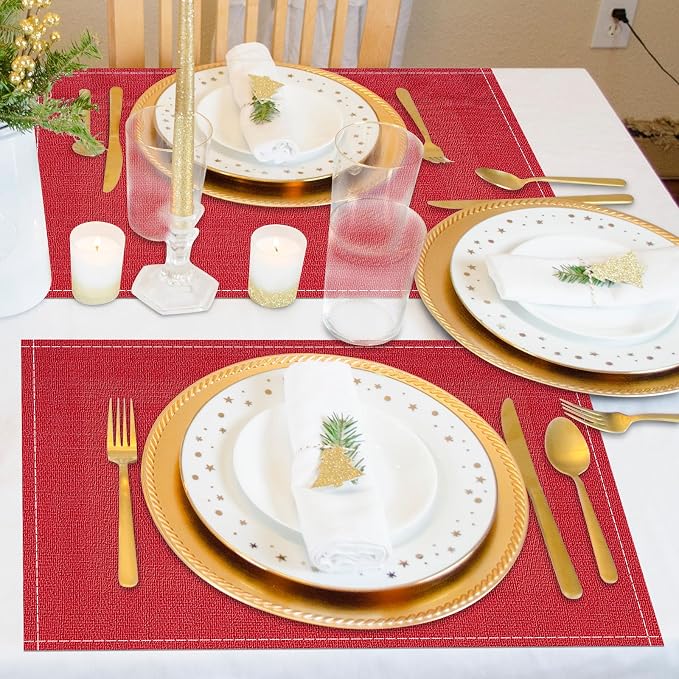 Niviy Christmas Placemats Set of 4, 12x18 Inch Rectangular Placemats for Kitchen Table, Red Placemats for Holiday Party Kitchen Dining Room Decoration