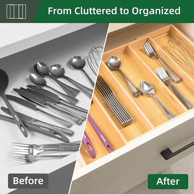 Utoplike Drawer Organizer Kitchen Utensils, Expandable Bamboo Cutlery Tray | Extendable Silverware Holder for Drawer, Flatware Caddy for Organized Kitchen, Apartment and RV, 3-5 Slots