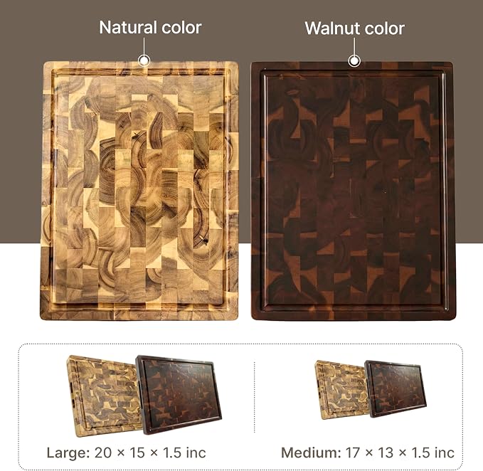 Koppen Acacia Wood End Grain Cutting Board, Knife-Friendly Butcher Block with Juice Groove, Inner Handles, Food Well, Reversible Heavy-Duty Serving & Chopping Board, Gift Box Included, 17 x 13 x 1.5in
