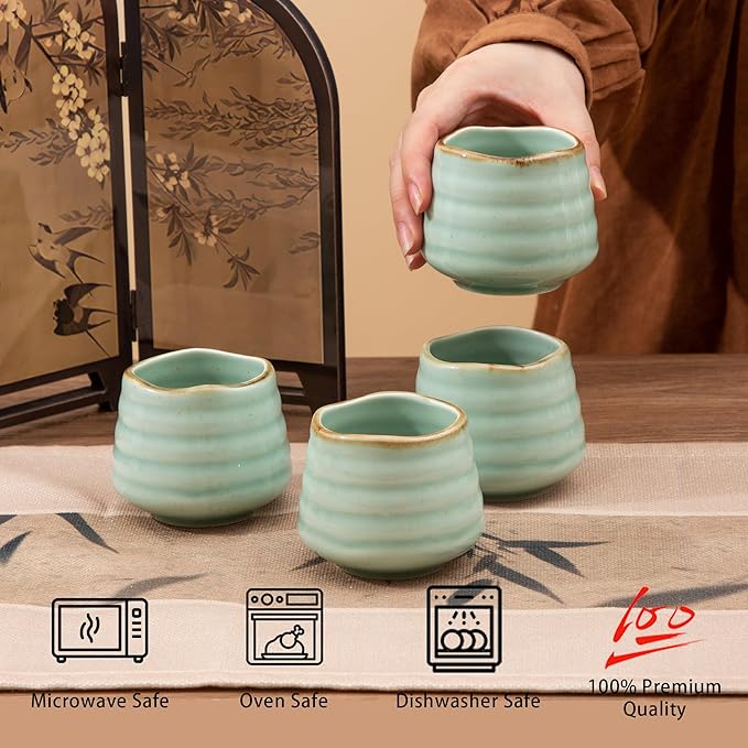 4pcs Japanese Tea Cup Set – Mini Size Cup 5OZ Ceramic Matcha Cup, Handless Espresso Cups, Cute Small Porcelain Coffee Mugs for Coffee Tea Lovers, Dishwasher & Microwave Safe (Mint)