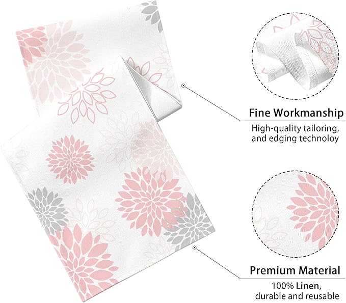 Dahlia Flower Table Runner 13x71 Inch Farmhouse Pink Gray Runners Modern Table Decorations Rustic Geometric Coffee Table Runner for Home Kitchen Dining Room Party (13"x71", Dahlia Floral-Pink)