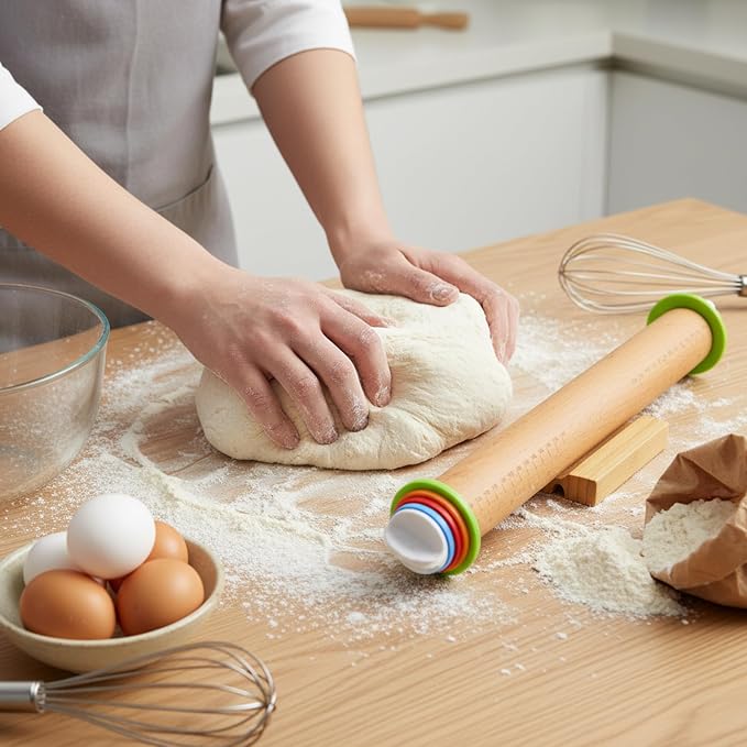 Adjustable Rolling Pin with Thickness Rings -17INCH Wood Dough Roller for Perfect Baking, Fondant & Cookies Ideal Rolling Pin for Dough & Cookie Decorating Supplies