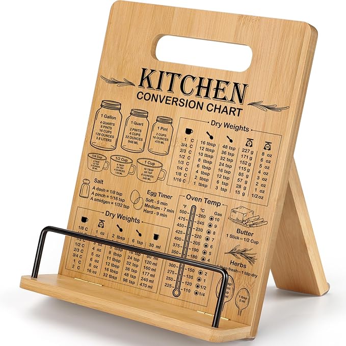 Bamboo Cookbook Stand for Kitchen Counter, Recipe Book Holder with Measurement Conversion Chart, Adjustable Cookbook Holder, Essential Accessories Women Gifts for Birthday Christmas