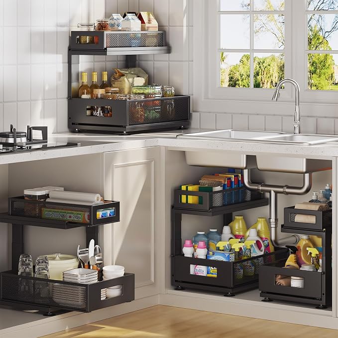 2 Pack Under Sink Organizer with Next-Gen Ball-Bearing Slides,2-Tier Pull Out Cabinet Storage,Height Adjustable Drawer Shelf for Bathroom,Kitchen,Laundry,Cabinet,Pantry(Patent Pending)