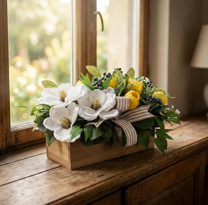 Spring Flowers Centerpiece for Table Decor, 20" L Lifelike Artificial Magnolia Tulip in Rectangular Wood Box, Lush Spring Eater Faux Floral Arrangement Farmhouse Mantel Shelf Kitchen Island Decor