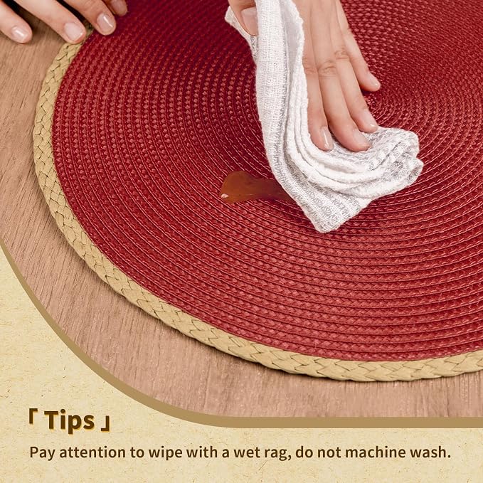Noctiflorous Braided Round Placemats Set of 8, 15 Inch Woven Table Mats, Non-Slip Washable Thin Edge Place Mats for Kitchen Dining Table Decor (Red, 8)