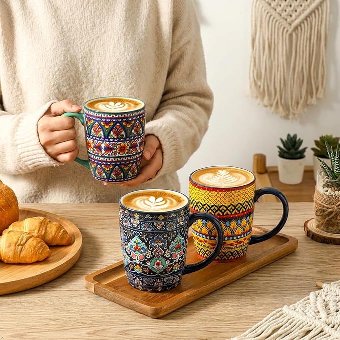 glowworm Coffee Mugs Set of 6, 16 oz Ceramic Coffee Mug with Handle, Large Coffee Cups for Latte, Cappuccino, Milk, Colorful Cup for Mom, Dishwasher & Microwave Safe, Bohemian