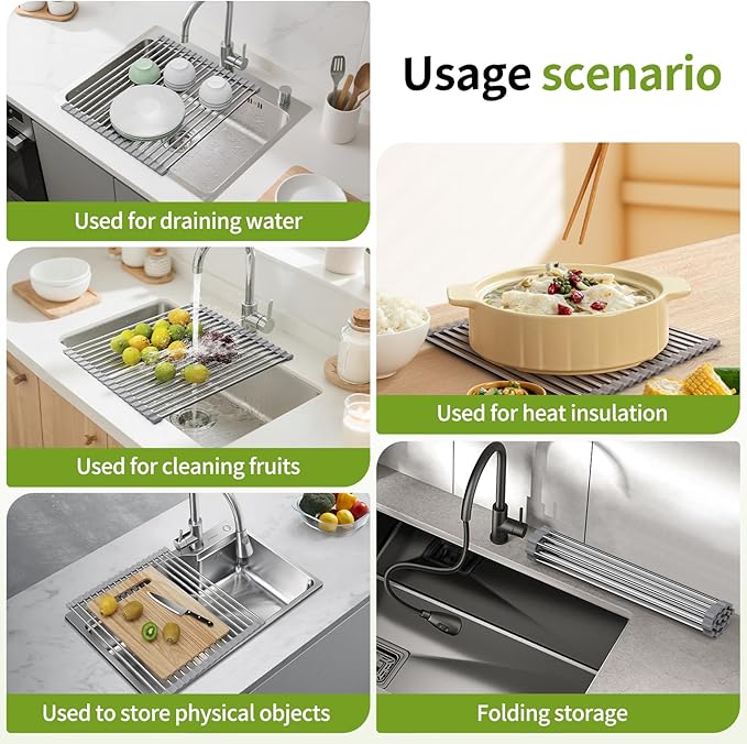 Foldable Over Sink Dish Drying Rack - Stainless Steel Sink Drain Rack with Silicone Edges, Roll-Up Storage for Kitchen, RV, Dorm Sinks (14.5×13.7in)