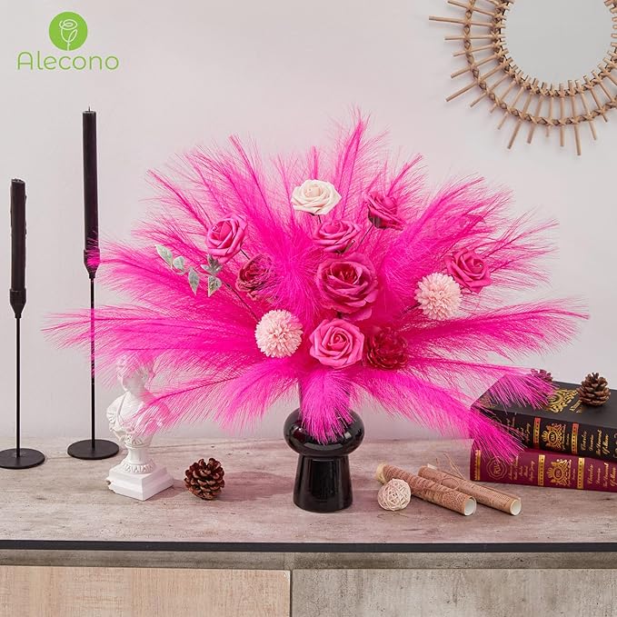Alecono Hot Pink Pampas Grass 17in 𝟯𝟬𝙋𝙘𝙨, Artificial Faux Fluffy Pampas Grass Decor for Home Wedding Centerpieces Party