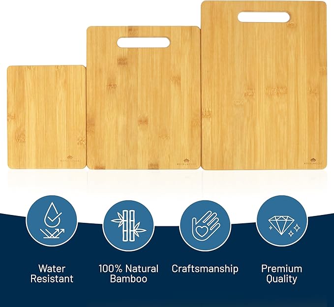 RoyalHouse Bamboo 3-Piece Cutting Board Set; 3 Assorted Sizes 13x9, 10.6x8.5, 8x6 of Bamboo Wood Cutting Boards for Kitchen