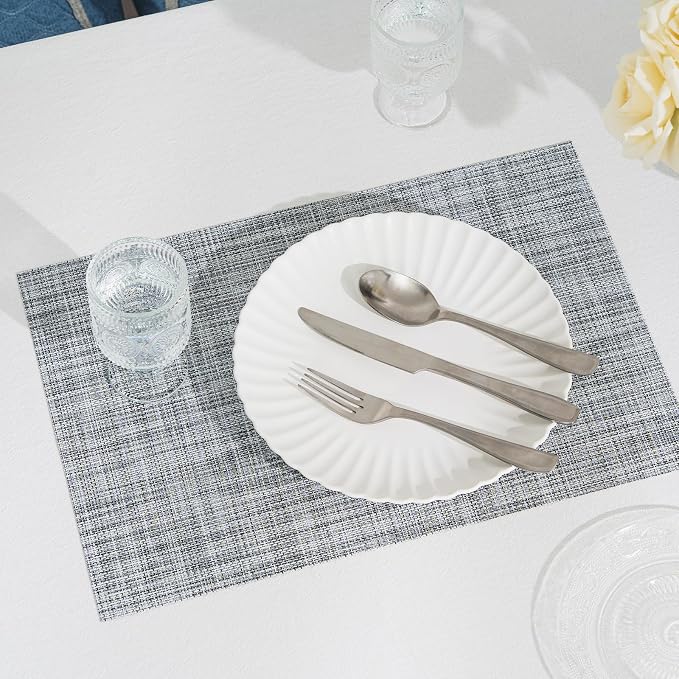 BACKTOEDEN Placemats Set of 8 Heat Resistant Washable Wipeable Placemat Woven Non-Slip Foldable Vinyl/Plastic Place Mats Indoor/Outdoor Mat Kitchen Dining Table Pad, Gray