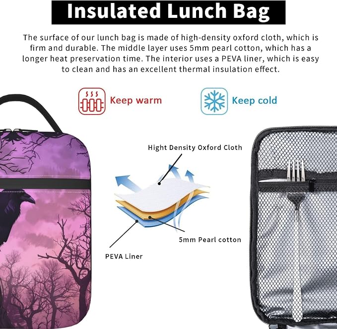 Gothic Raven Forest Lunch Bag for Women Men Adults, Insulated Lunch Box for Work, Sports, Travel, Picnic, Hiking, Fishing, Dark Purple Crow Theme Lunchbox Gifts