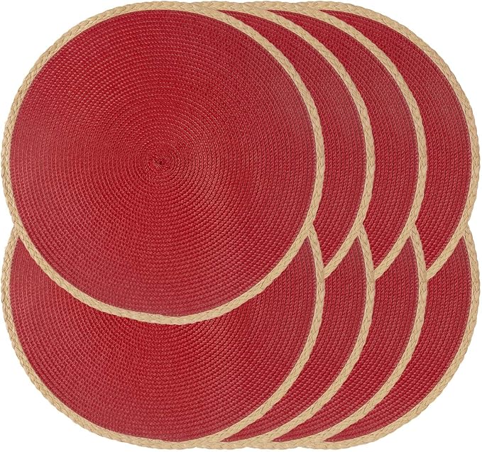 Noctiflorous Braided Round Placemats Set of 8, 15 Inch Woven Table Mats, Non-Slip Washable Thin Edge Place Mats for Kitchen Dining Table Decor (Red, 8)