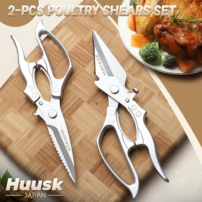 Huusk Heavy Duty Kitchen Shears Set – All Purpose Japanese Kitchen Scissors for Chicken, Meat, Fish, Vegetables & Pizza, Poultry Shears with Ergonomic Non-Slip Silver Handle, Gifts for Women Men