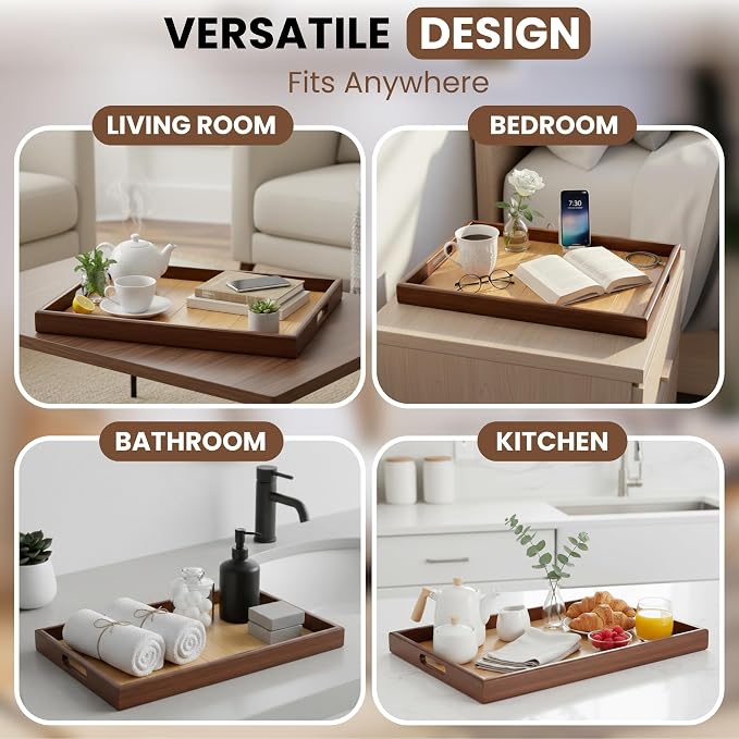 Bamboo Serving Tray with Handles (16 Inches) - Wooden Ottoman Tray for Coffee Table, Breakfast in Bed, Charcuterie - Decorative Food Tray for Living Room, Kitchen and Home Decor