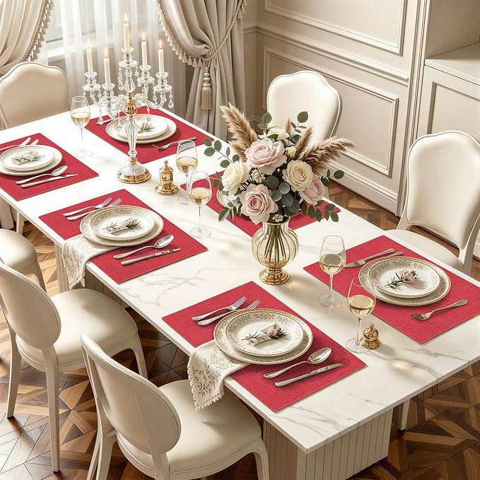 homing Faux Leather Heat Resistant Placemats 8 Packs, Waterproof Wipeable Dining PU Place Mats for Indoor & Outdoor, Easy to Clean, Red