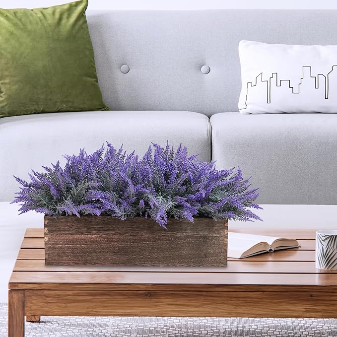 Winlyn 14" Artificial Lavender Flowers Plants in Rectangular Wooden Planter Box Faux Frosted Lavender Potted Arrangements Floral Centerpiece for Farmhouse Home Wedding Table Centerpiece Mantel Décor