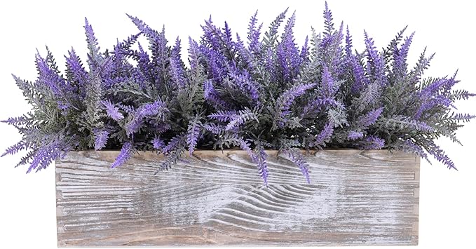Winlyn 14" Faux Lavender Plant in Rustic Rectangular Wood Planter Box Artificial Lavender Flower Arrangement Potted Plant for Farmhouse Wedding Centerpiece Provence Home Office Room Table Mantel Décor
