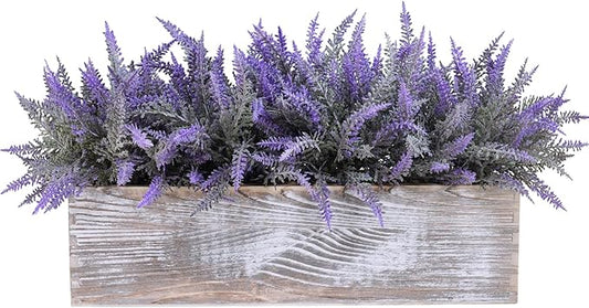 Winlyn 14" Faux Lavender Plant in Rustic Rectangular Wood Planter Box Artificial Lavender Flower Arrangement Potted Plant for Farmhouse Wedding Centerpiece Provence Home Office Room Table Mantel Décor