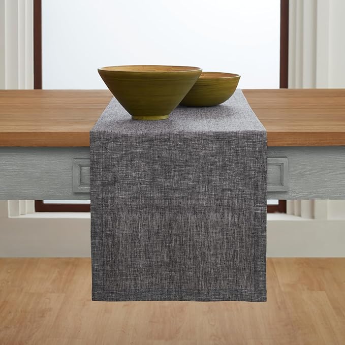 Solino Home Linen Table Runner 144 Inches Long - Athena, 100% Pure Linen Chambray Black Dining Table Runner 14 x 144 Inch