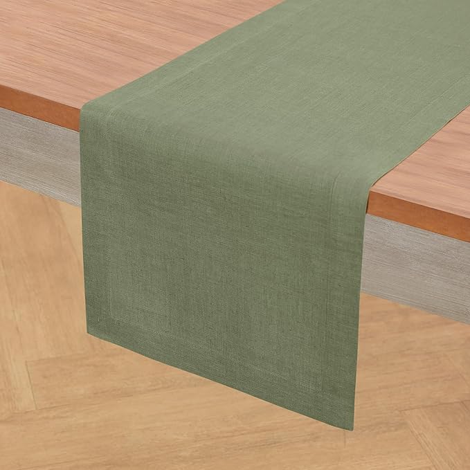 Solino Home Linen Table Runner 36 Inches - 100% Pure Linen Oil Green Table Runner 14 x 36 Inch Ideal for Dresser and Coffee Tables - Spring, Summer - Fete
