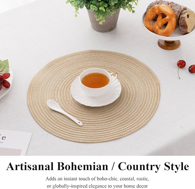 SHACOS Round Braided Placemats Set of 8 Cotton Fabric Round Table Mats Non Slip Washable 15 inch Round Place Mats Home Party Table Decor (Beige, 8)