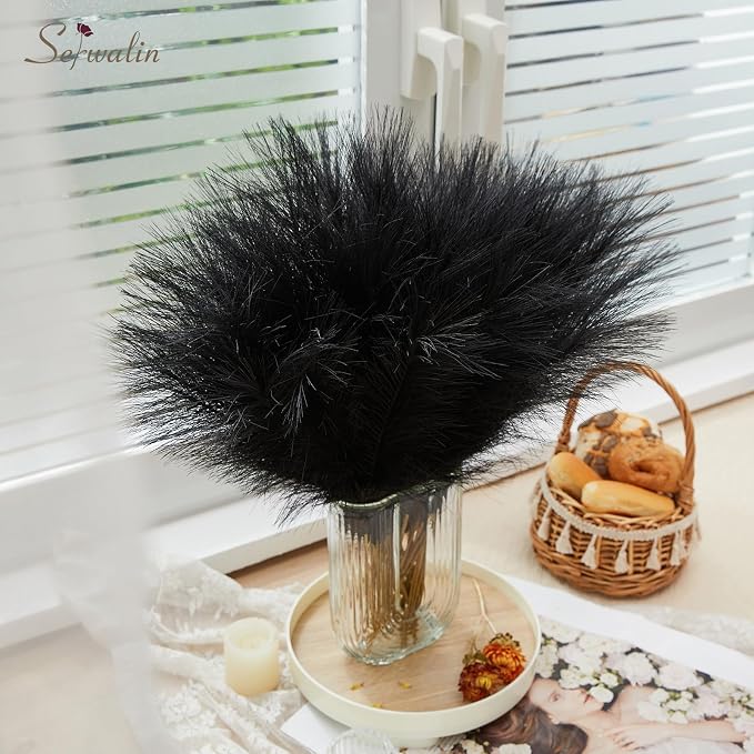 Serwalin 60Pcs Black Pampas Grass Decor, 17.7'' Faux Pampas Grass, Fluffy Short Artificial Pompous Grass for Gothic Room Decoration, Wedding, Party, Halloween and Home Decor