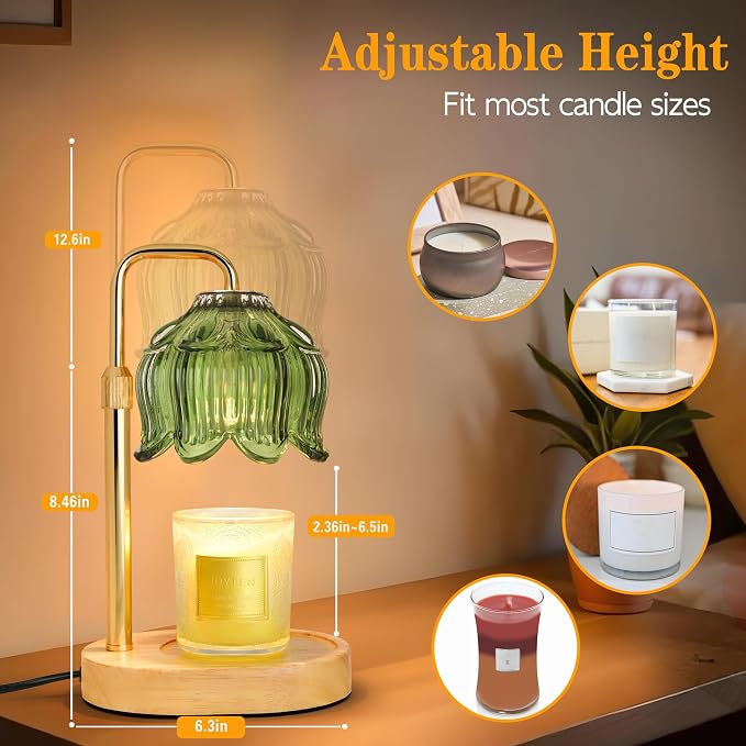 Candle Warmer Lamp with Timer Dimmer, Adjustable Height Candle Wax Warmer, Christmas Birthday Gift for Mom Women,House Warming Gifts for New Home Bedroom Decor,(Lotus Flower-Green)