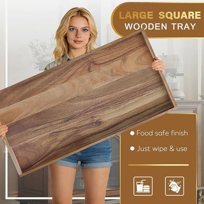 MAONAME Extra Large Ottoman Tray, 40 x 20 inches Wooden Serving Tray for with Handles, Acacia Wood Serving Platter Trays for Living Room, Breakfast
