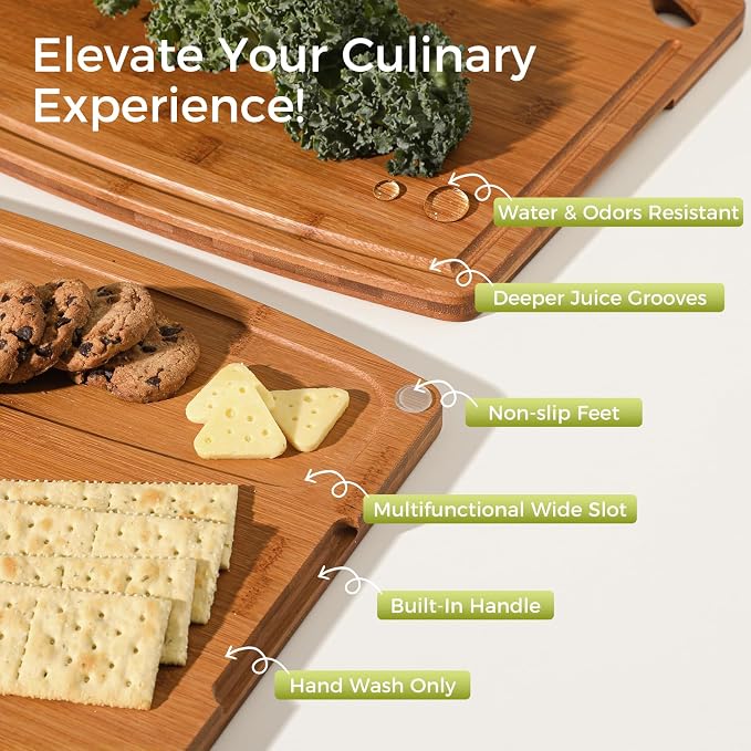 Bamboo Cutting Boards for Kitchen, 15.4" Deep Carbonized Wood Cutting Board with Storage Stand, 3 Piece Extra Thick Cutting Board Set with Deep Juice Grooves, Gift for Charcuterie Boards