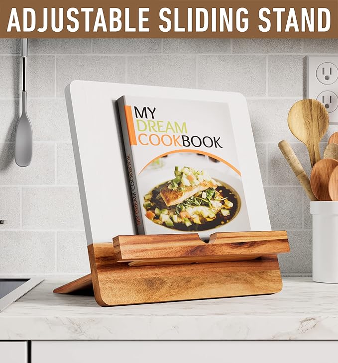 Acacia Cookbook Stand for Kitchen Counter - 12" x 12" Large Adjustable Non-Slip Acacia Wood Book Stand for Cookbooks - Collapsible for Easy Storage - Extra Large Recipe Book Holder for Kitchen Counter