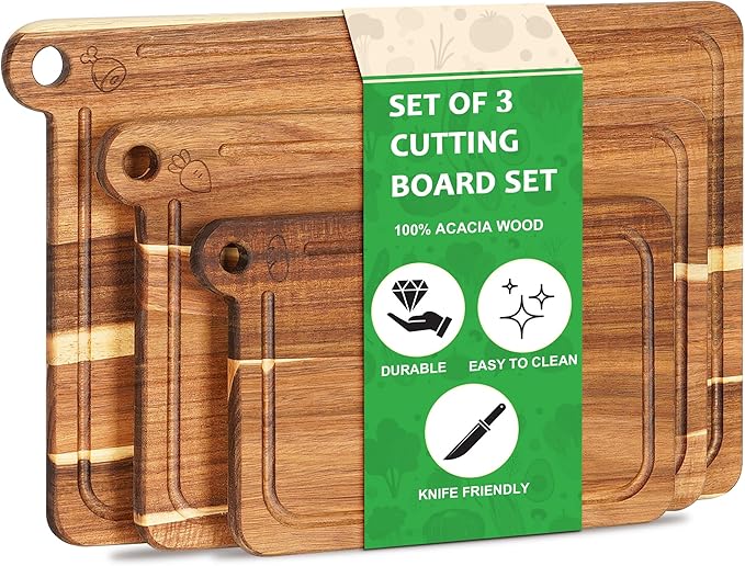 3 Pack Cutting Board Set, Acacia Wood Cutting Boards for Kitchen, Chopping Board with Deep Juice Grooves & Built-in Handle, Charcuterie & Chopping for Meat, Vegetables and Cheese