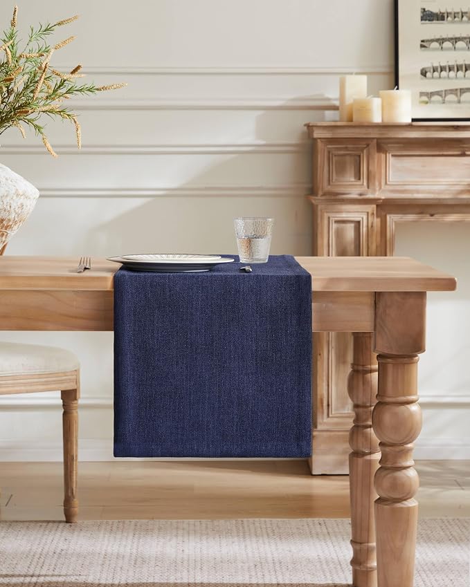 ZeeMart Burlap Style Farmhouse Table Runners 36 Inches Long, Navy Rustic Woven Dining Table Runner for Everyday Use, 14x36 Inches, Navy