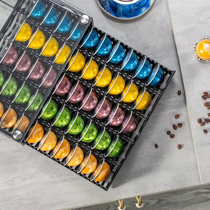 Nespresso Pod Holder Pod Drawer With Glass For Cabinet Vertuoline Pod Storage Rack For Counter，Black(50 Pods)