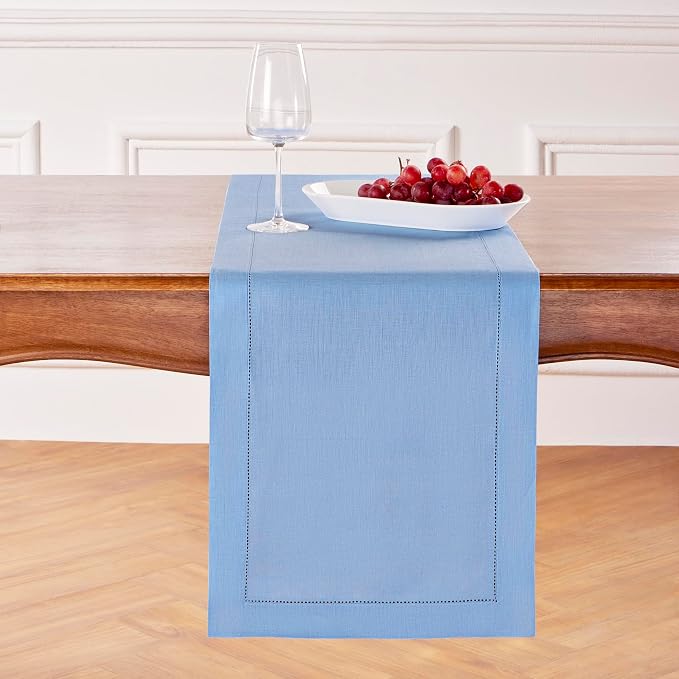 Solino Home Linen Cornflower Blue Table Runner 144 Inches Long - 100% Pure Linen Hemstitch 14 x 144 Inch Table Runner for Dining, Summer - Classic Hemstitch