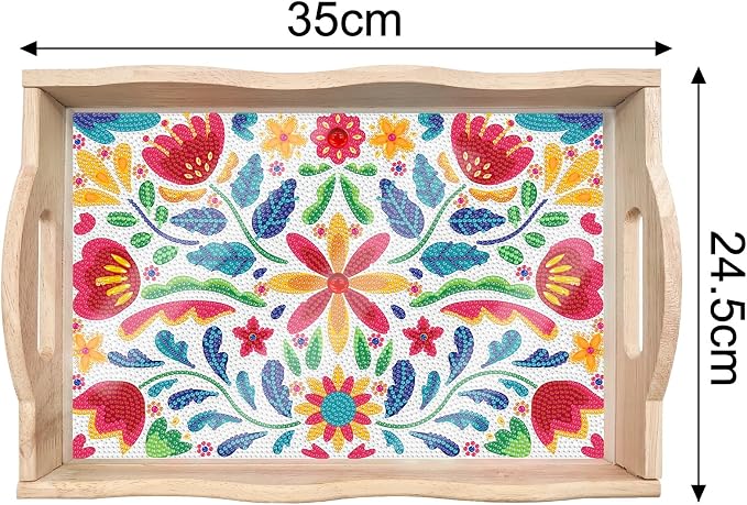 Generic 2Pcs DIY Diamond Serving Tray Rectangular Upgrade Increase Breakfast Tray with Handles Handmade Diamond Art Painting Wooden Tray Dinner Plate for Coffee Living Room Home Organizer-03