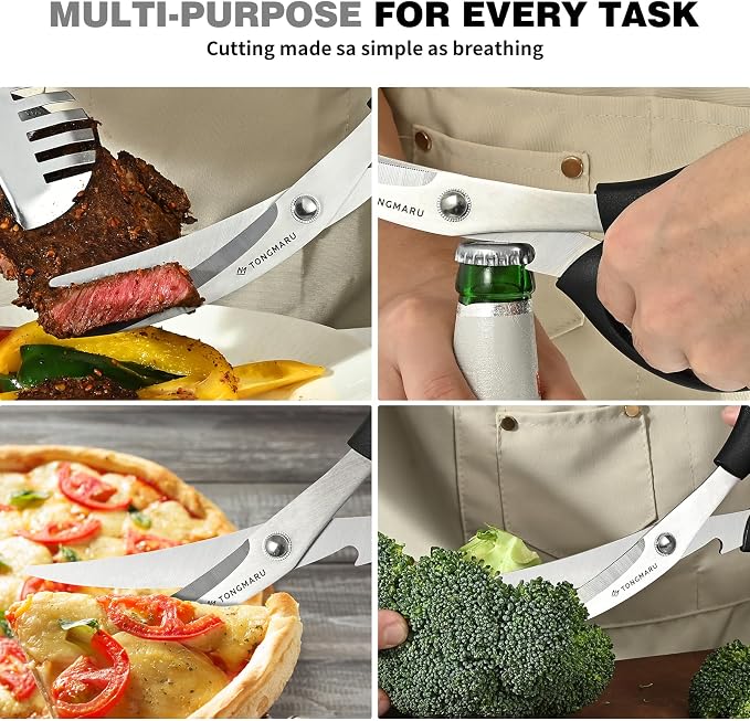Heavy Duty BBQ Shears, Super Sharp All Purpose Kitchen Poultry Shears, Korean Barbeque Scissors with Anti-slip Handle, Serrated Blades with Bottle Opener function