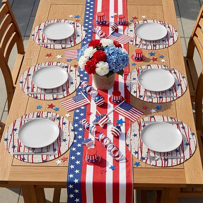 4th of July Round Placemats Set of 8 Patriotic Stars Place Mats Independence Day Woven Placemat Freedom Red Stripes Circle Braided Table Mat for Kitchen Dining Table Holiday Party Decor 15 Inch