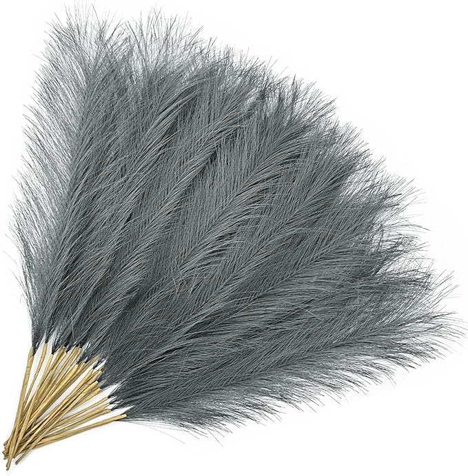 Fake Pampas Grass Artificial Fluffy Flowers Gray - 17 Inch 30 Pcs, Vase Filler Plant for Home Decor Faux Pampas Grass Stem Reeds Floral Plants Wedding Branches Party Christmas DIY Boho Decoration Grey