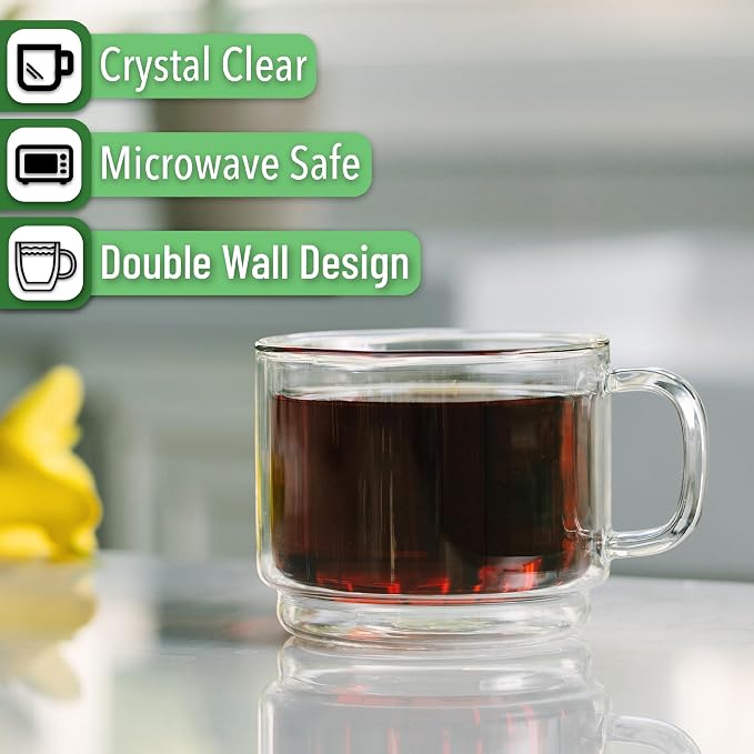 BTaT- Double Walled Stackable Glass Coffee Mugs, 16 oz, Set of 4, Glass Coffee Cups with Handle, Insulated Clear Coffee Mug for Hot and Cold Beverages, Cappuccino, Latte, Tea, Americano